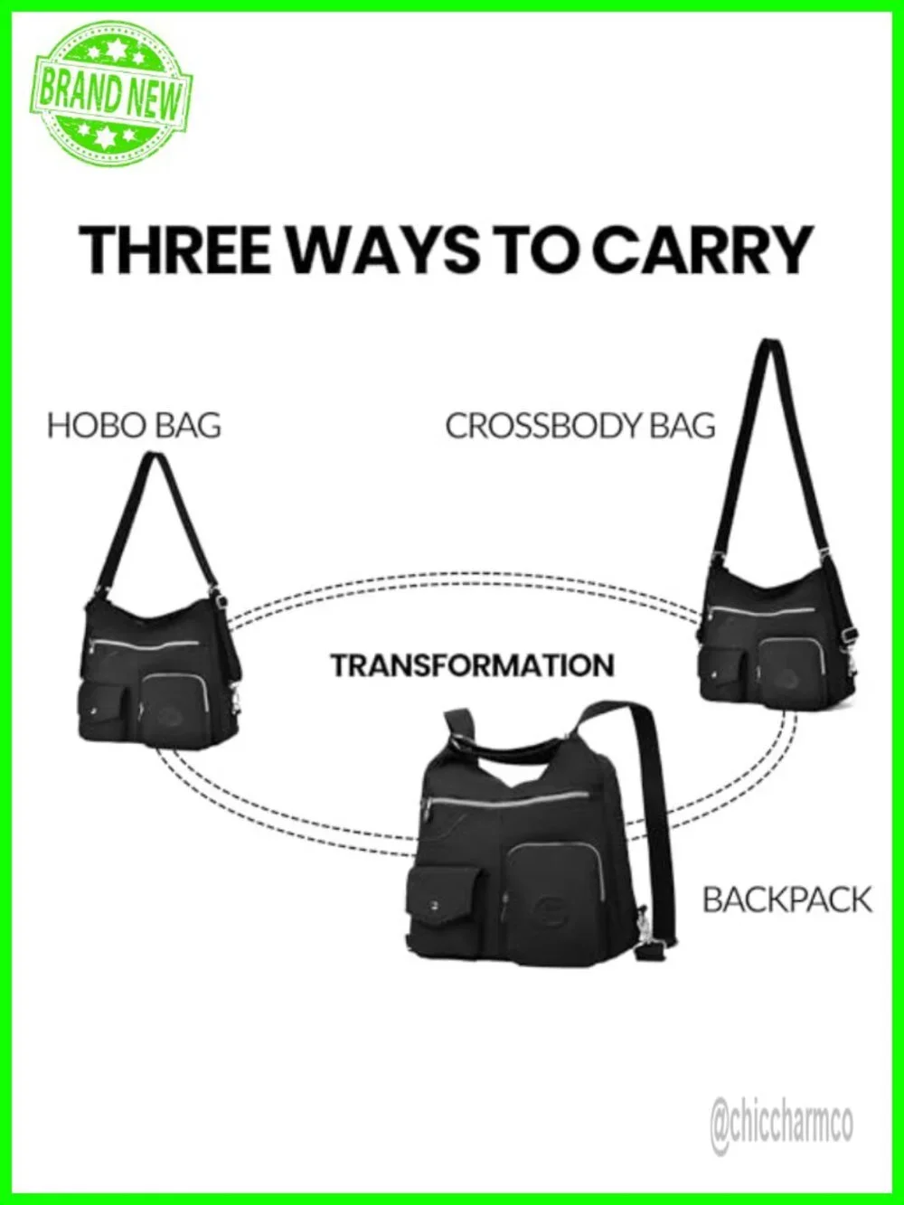Large Nylon Hobo Purse Crossbody Shoulder Handbag Convertible Backpack